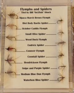 A selection of flymphs, tied by Bill Shuck from Maryland. Bill tied the flies, mounted the flies, arranged the flies, took the photo, did the type, the labels, the whole shebang. All I did was post this image off his very fine work.